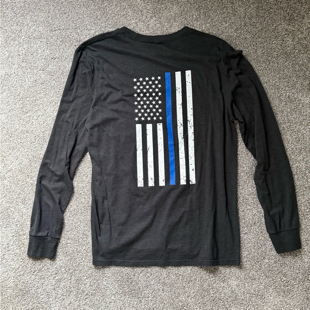 Black Long-Sleeve Men's Tee with Thin Blue Line Flag